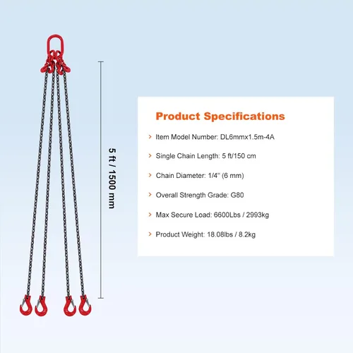 Miniatura 7 de VEVOR Eslinga de cadena, cadenas de elevación de 1/4 pulgada x 5 pies con ganchos, polipasto de cadena de motor G80, eslinga de elevación de 6600