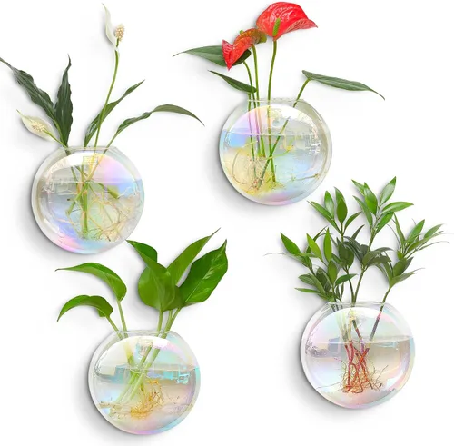 Miniatura 10 de Kingbuy Estación de Propagación de Plantas Colgante de Vidrio para Pared - Paquete de 2 Jarrones de Globo Oblato Montados en la Pared para Plantas