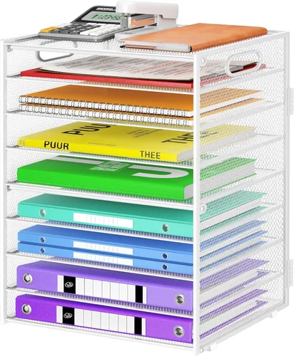Miniatura 10 de Cawukege Organizador de papel de 9 niveles con asa, organizador de escritorio de gran capacidad, carpeta de archivos de malla, bandeja de papel