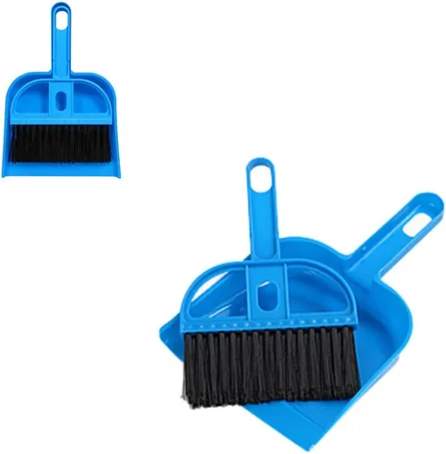 Mini recogedor y escoba Juego de cepillos de plástico portátil (azul) utilizado para escritorio, hogar, cocina, limpieza de jaulas de cualquier