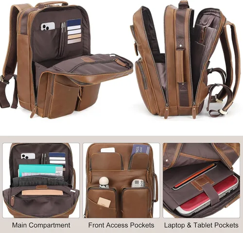 Miniatura 5 de TIDING Mochila para portátil de cuero de grano completo de 17.3 pulgadas para hombres, multibolsillos, casual, mochila de viaje de negocios, Marrón