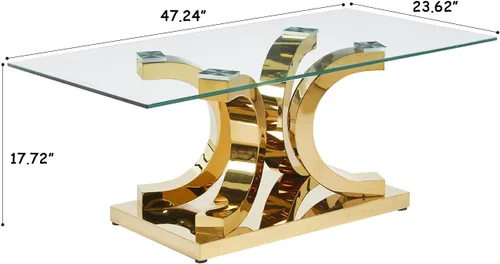 Miniatura 112 de Mesa de centro de cristal de lujo, mesa de centro de sofá de 47 pulgadas con marco de acero inoxidable dorado y parte superior de vidrio negro, mesa