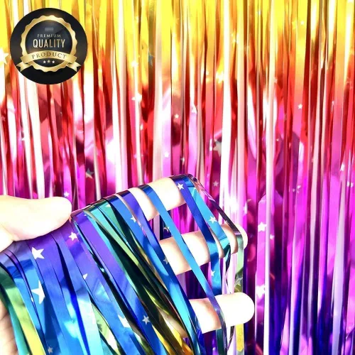 Miniatura 9 de Cortina de Fondo de Flecos de Papel Aluminio Arcoíris Neón Brillante, Serpentinas Metálicas, Accesorios de Cabina de Fotos para Cumpleaños