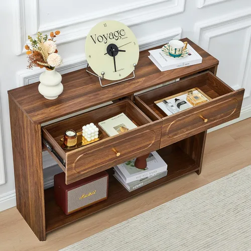 Miniatura 7 de ORRD Mesa consola acanalada con cajones, mesa de entrada estrecha de mediados de siglo con estantes de almacenamiento abiertos, mesas decorativas