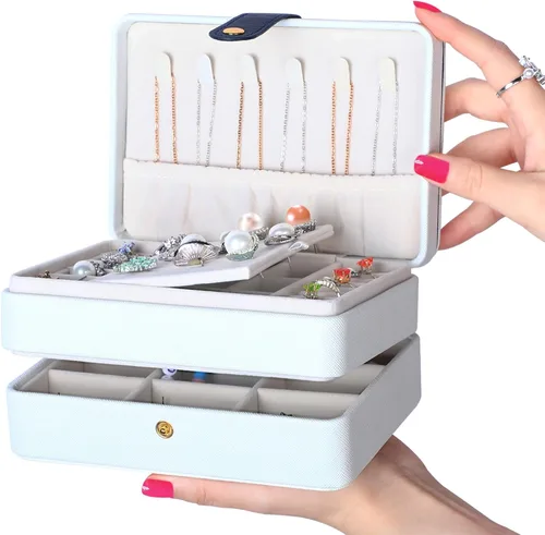 Miniatura 8 de coobest Joyero, organizador de joyas de 2 capas con organizador de aretes de terciopelo, organizador de joyas de viaje, pequeñas cajas de joyería