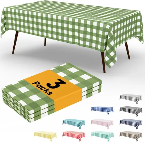 Miniatura 38 de Smiry Paquete de 3 Manteles Desechables de Cuadros Gingham Color Caqui - 54" x 72" Mantel de Plástico de Servicio Pesado, Cubiertas de Mesa