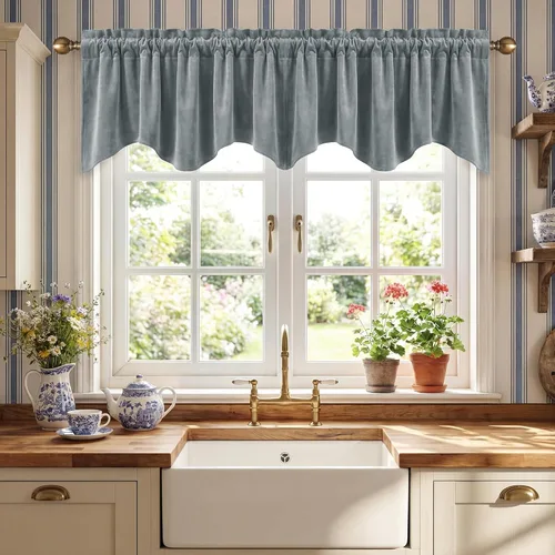 Miniatura 57 de StangH Cortinas decorativas de lujo, cenefa azul con bloqueo de luz, cenefa festoneada para ventana pequeña con bolsillo sólido para barra, cortina