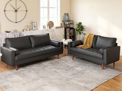 Miniatura 4 de Container Furniture Direct Womble Mid Century Modern Couch with Bolster Pillows, PU Leather Upholstered Tufted Seat, Versatile Retro Design for