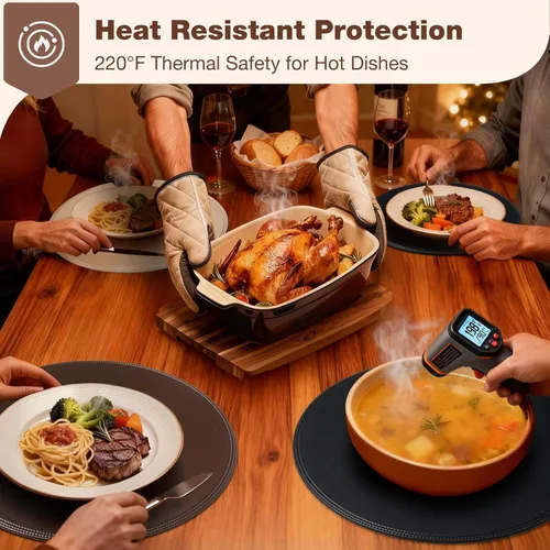 Miniatura 4 de Round Vinyl Beige Placemats Set of 6, Faux Leather Waterproof Wipeable Heat Resistant Place Mats, Washable Table Mats for Halloween, Thanksgiving &