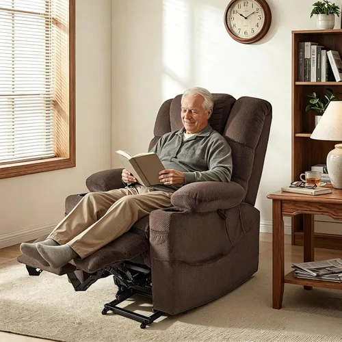 Miniatura 8 de MCombo Sillón Reclinable Grande con Triple Motor de Elevación Eléctrica con Masaje y Calefacción Doble, Reposacabezas Ajustable para Personas Café