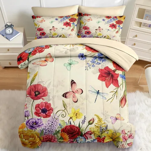 Nesker Juego de edredón de primavera de 5 piezas, tamaño individual, juego de ropa de cama floral con mariposas para niños y adultos, juego de