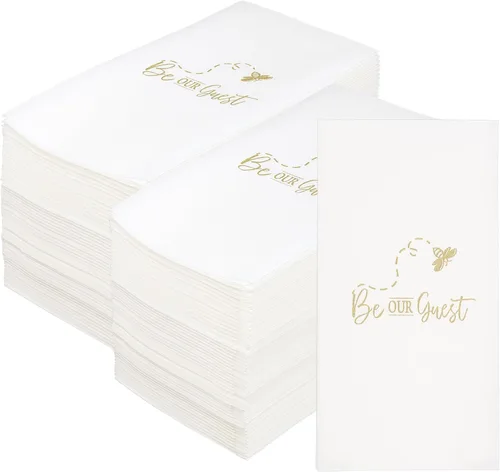 AMERICAN HOMESTEAD - Toallas de Mano Desechables para Baño - Diseño Decorativo Be Our Guest Dorado - Servilletas de Invitados Similares al Lino para