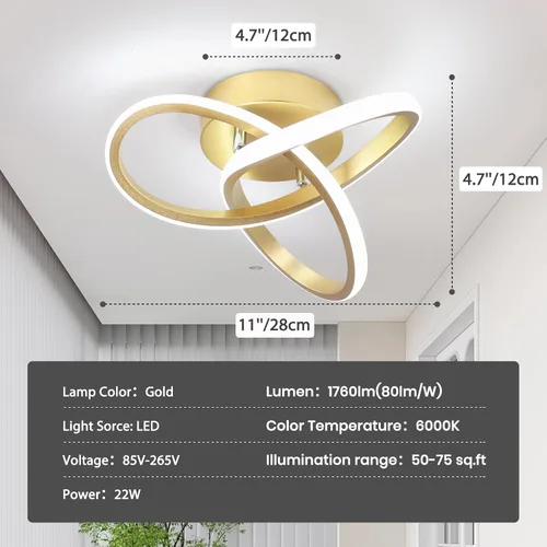 Miniatura 5 de Lámpara LED para pasillo, moderna lámpara de techo LED dorada de 6000 K, lámpara de techo semiempotrada para pasillo, cocina, dormitorio, entrada