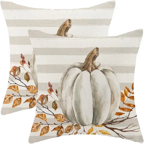 Miniatura 8 de Juego de 2 fundas de almohada de otoño de 16 x 16 pulgadas, diseño de calabaza y hoja de arce, fundas de almohada decorativas de lino para otoño