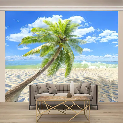 Miniatura 2 de Papel tapiz fotográfico 3D de árbol de coco de playa, papel tapiz con vista al mar, decoración de pared para sala de estar, dormitorio, fondo