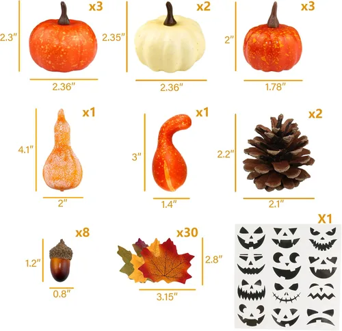 Miniatura 2 de Decoraciones de otoño de calabazas para el hogar: juego de 50 mini calabazas de plástico que incluye hojas falsas, bellotas, piñas, calabazas