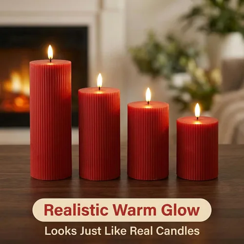 Miniatura 3 de Velas rojas sin llama de Navidad de pilar con control remoto, velas de cera LED estriadas de tapa plana alimentadas por batería, juego de 4 para Rojo