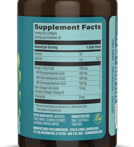 Miniatura 2 de Sunwarrior Suplemento vegano Omega 3 DHA y EPA Aceite de algas Alternativa preferida al aceite de pescado Apoya la salud cerebral