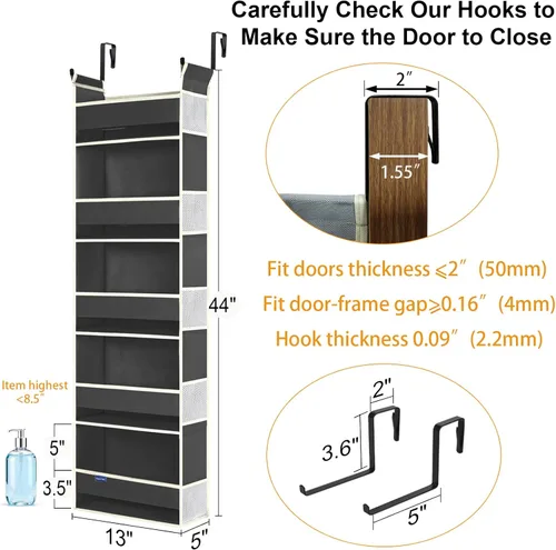 Miniatura 3 de Organizador para colgar sobre la puerta, 5 estantes y 10 bolsillos laterales, almacenamiento sobre la puerta para baño y dormitorio, organizadores