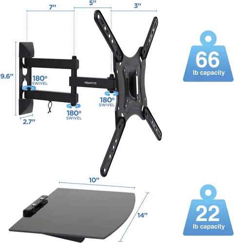 Miniatura 7 de Mount-It! Soporte de TV con estante Soporte de pared de TV de movimiento completo con estante flotante de entretenimiento para caja de cable, DVR