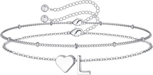 Miniatura 25 de M MOOHAM Pulseras de oro con inicial de corazón para mujer, pulseras con dije de letra A-Z de corazón dorado en capas para mujer, pulseras