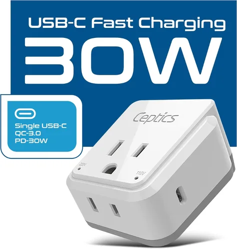 Miniatura 2 de Ceptics Adaptador de enchufe europeo, seguro USB-C 30W PD y QC 3.0-2 enchufe de EE. UU. - Compacto y potente - Uso en Grecia, Italia, Suiza