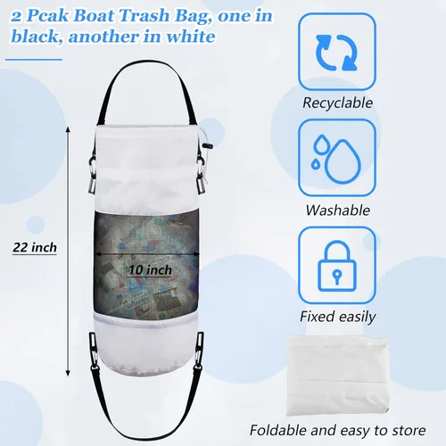 Miniatura 2 de Paquete de 2 accesorios portátiles para barcos, bolsas de basura de malla, contenedor de basura para barco, kayak, cámper, pesca, cabina, Blanco
