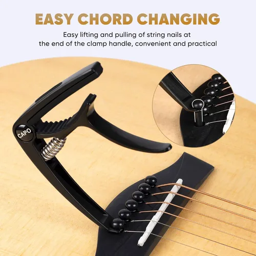 Miniatura 4 de AARVI Cejilla de guitarra de 6 cuerdas para guitarras acústicas y eléctricas, abrazadera universal con 4 púas de alta calidad, compatible con Negro