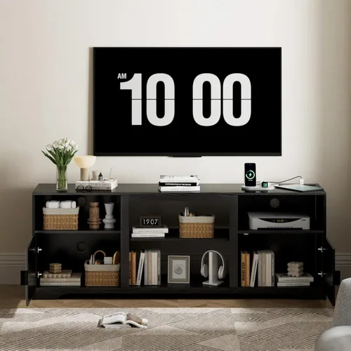 Miniatura 4 de Soporte de TV acanalado para televisores de hasta 80 pulgadas, moderno soporte de TV de mediados de siglo con estante ajustable abierto, centro