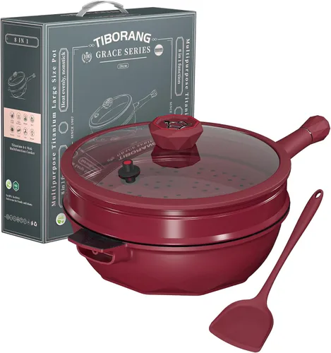 Miniatura 9 de TIBORANG Sartén antiadherente profunda para freír 8 en 1 multiusos de 11 pulgadas, 5 cuartos de galón, con indicador de calor, tapa de vidrio, mango