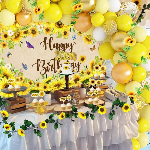 Miniatura 6 de Paquete de decoración de fiesta de cumpleaños de girasol, 111 piezas, suministros de fiesta de baby shower, decoración de boda, incluye mantel