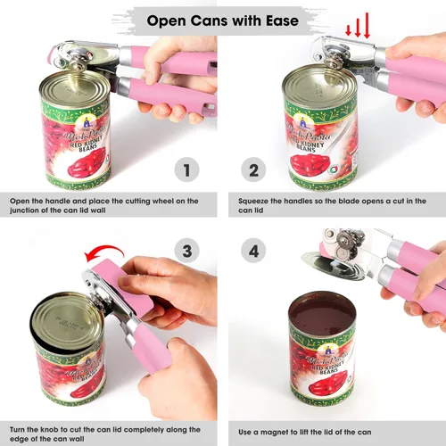 Miniatura 6 de Beneno - Abridor de latas manual de mano resistente con imán, hoja duradera y afilada de acero al carbono de corte suave, gran perilla para ahorrar