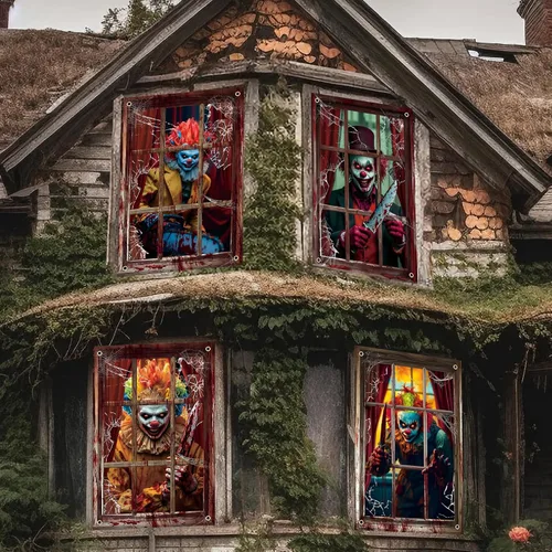 Miniatura 3 de Patelai 4 piezas de cortina de fantasmas espeluznantes de Halloween, decoración de silueta de ventana de Halloween, cubierta de puerta y ventana