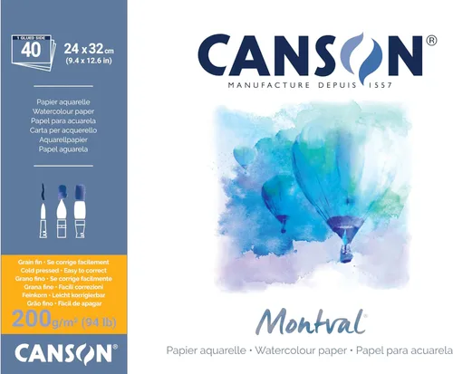 Canson Montval - Bloc de papel de práctica de acuarela de 7.05 oz/m², incluye 40 hojas, tamaño: 9.4 x 12.6 in, blanco natural y prensado en frío (no)