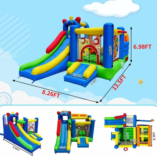Miniatura 8 de Casa de rebote inflable HuaKastro - Área de juego inflable con obstáculo de barra transversal en gran área de rebote, 1x tobogán alto y 1x pequeño