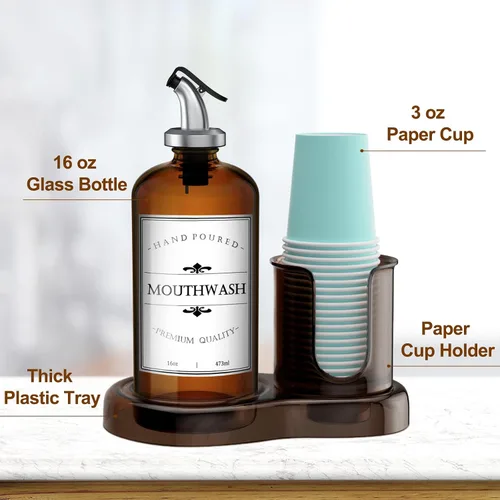 Miniatura 5 de Dispensador de enjuague bucal de vidrio ámbar con portavasos para baño, contenedor de botellas de enjuague bucal recargable de 16 onzas con bandeja