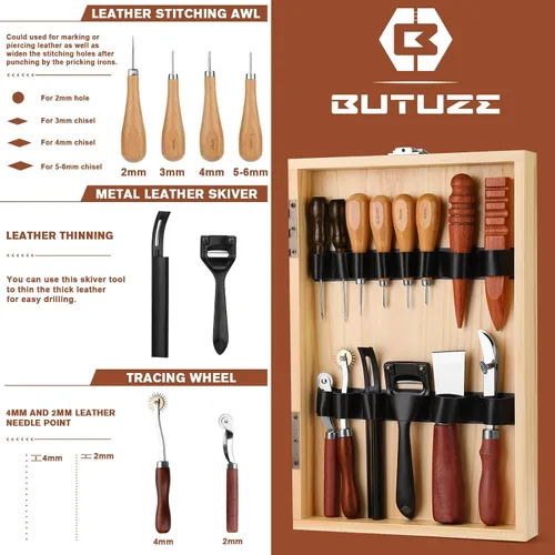 Miniatura 4 de BUTUZE Kit de trabajo de cuero, kit de herramientas de cuero en caja, kit de herramientas de artesanía de cuero, corte, perforación, tallado, kit