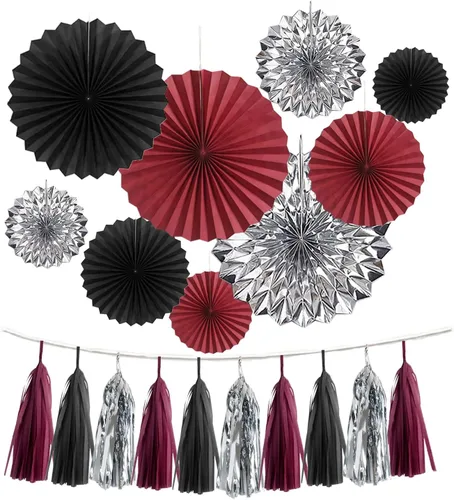 24 decoraciones granate, color burdeos, negro y plateado, decoración de fiesta, guirnalda de borlas, pancartas de papel para abanicos de flores,
