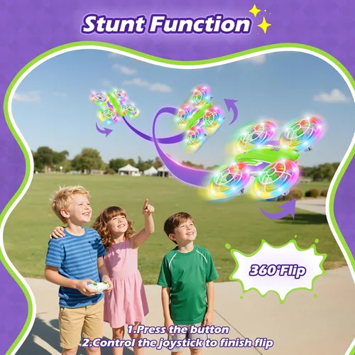 Miniatura 7 de Dron LED RC para niños de 6+, regalo de Navidad y cumpleaños para niños y niñas con baterías del control remoto, giro de 360°, modo de alta Verde