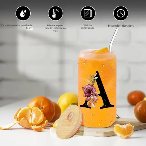 Miniatura 4 de Vaso de vidrio con monograma con tapa de bambú, popote personalizado, vaso de café helado de 16 onzas, tarro transparente de masón, cerveza, agua