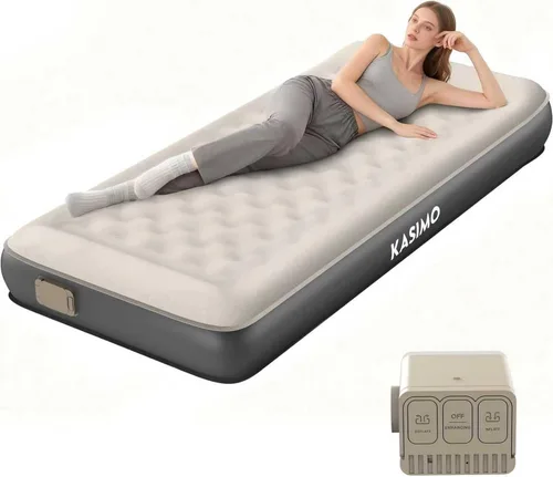 KASIMO Colchón de aire tamaño individual con bomba extraíble de batería integrada, colchón inflable de TPU con almohada, fuerte apoyo toda la noche,
