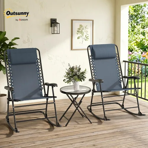 Miniatura 2 de Outsunny Juego de 3 piezas de mesa mecedora para exteriores, juego de mesa plegable para patio con mesa de centro de cristal para patio, terraza