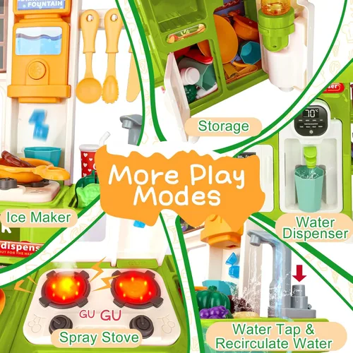 Miniatura 5 de Juego de cocina de juguete mejorado para niños y niñas, juego de mini cocina con fregadero con rociador y iluminación realista, juguetes de cocina