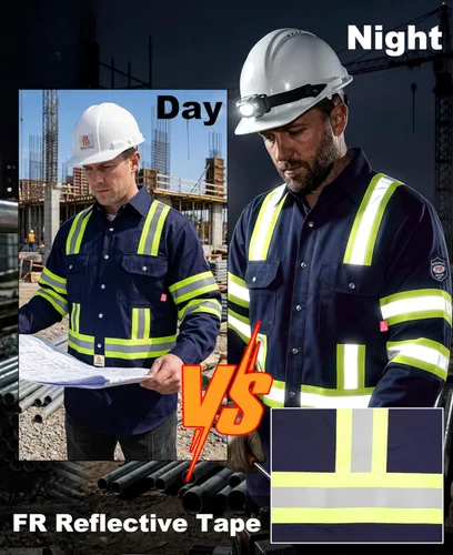 Miniatura 4 de BOCOMAL Camisas FR Alta Visibilidad/Alta Visibilidad Resistente a Llamas/Retardante de Fuego 7.5oz Camisas Reflectantes para Hombre Azul marino/alta