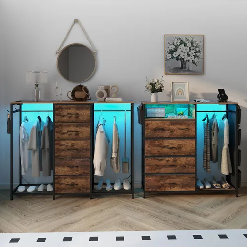 Miniatura 6 de Espelism Cómoda para dormitorio con perchero, cómoda de 5 cajones con estación de carga, luces LED, cómoda blanca, estante flexible y espacio