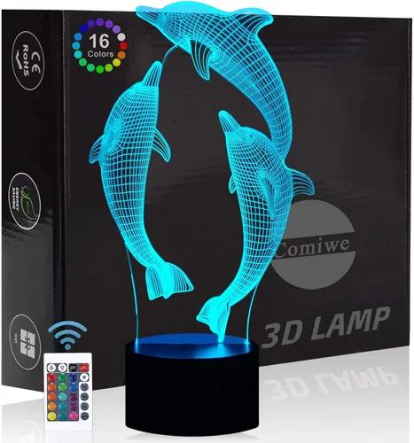 Dolphin - Luz nocturna de ilusión 3D, lámpara de noche LED regulable de 16 colores con control táctil y remoto, USB y alimentada por batería,