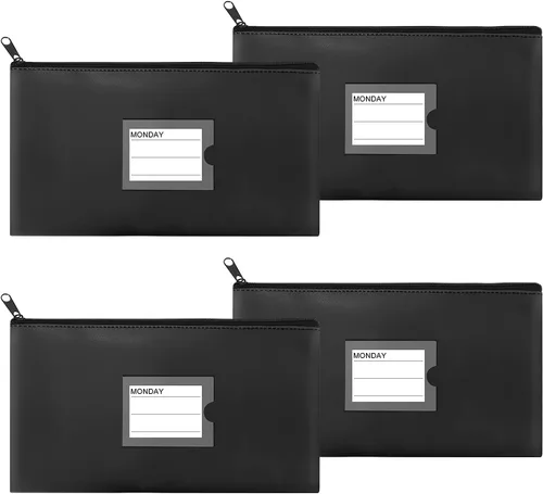 Miniatura 27 de Paquete de 4 bolsas de dinero para depósitos bancarios, cartera de cuero sintético resistente con cremallera con ventana transparente, bolsa