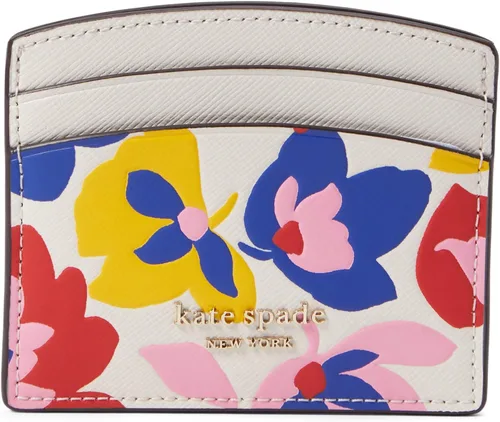 Kate Spade New York Spencer - Tarjetero de piel Saffiano con relieve de flores de verano, color crema, talla única, Crema Multi, talla única ,