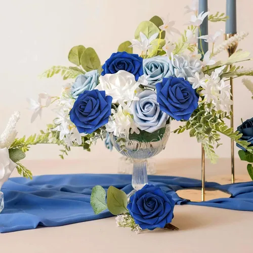 Miniatura 173 de N&T NIETING Flores artificiales, rosas artificiales de color rosa intenso, 50 piezas de flores falsas con tallo para ramos de boda DIY, centros