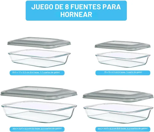 Miniatura 2 de KOMUEE Juego de 8 platos de vidrio para hornear con tapas, bandeja rectangular de vidrio para hornear con tapas, moldes para lasaña, sobras, cocina